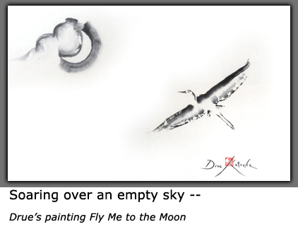 Drue's Sumi-e painting of a crane soaring high
