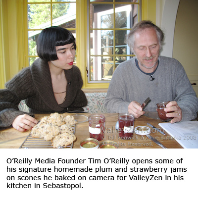 Tim O'Reilly shows Drue Kataoka his scone recipe